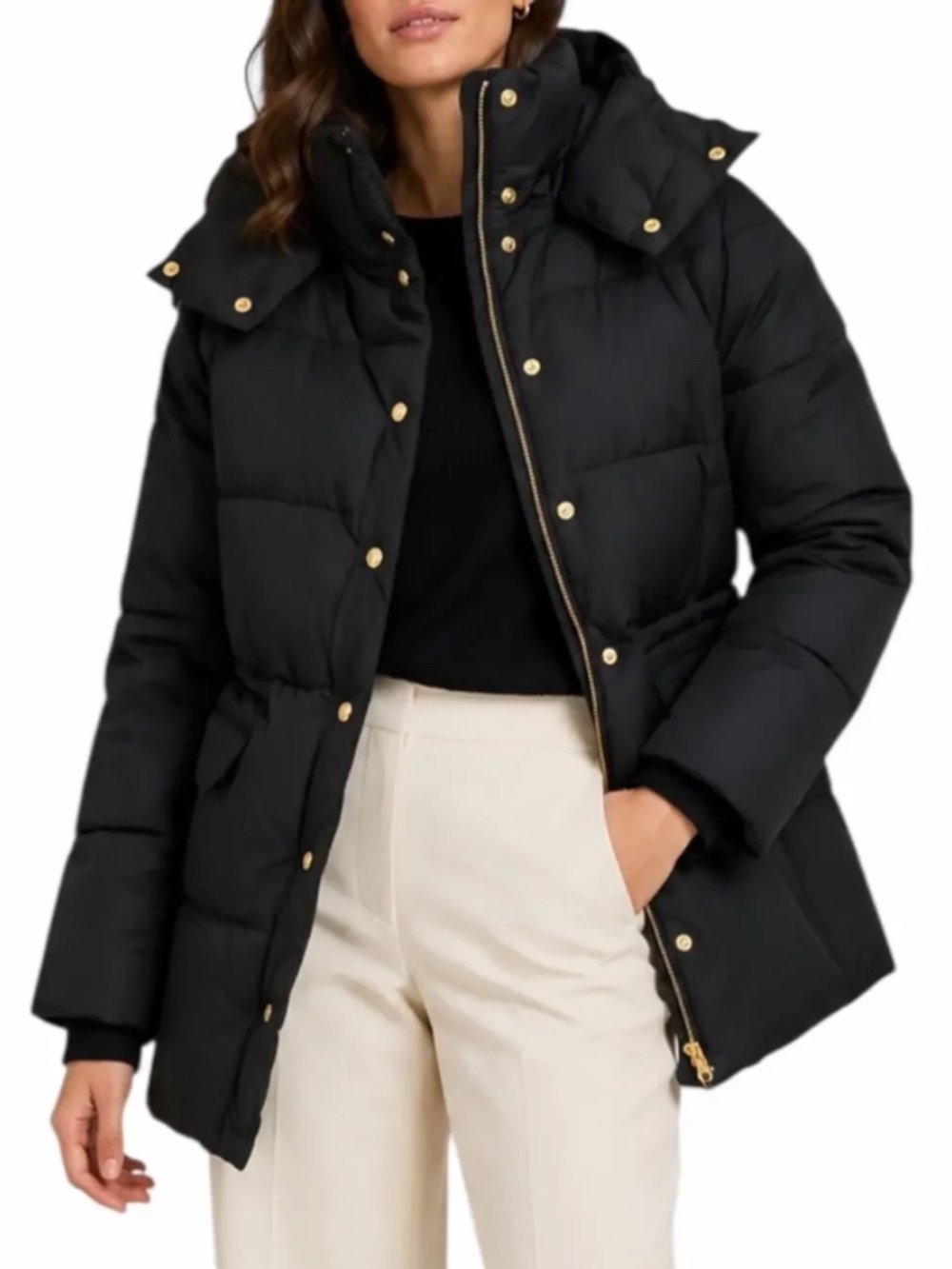 J. Crew Chateau Puffer Coat Water Resistant with Snap Buttons Black